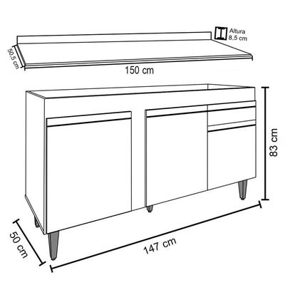 Balcão Gabinete Para Pia Com Tampo 150cm 3 Portas 1 Gaveta Dakota Castanho-cinza - Lumil