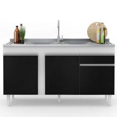 Balcão Gabinete Com Pia Inox 150cm 3 Portas 1 Gaveta Dakota Branco-preto - Lumil