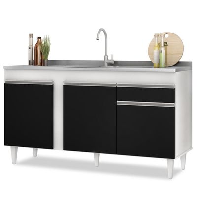 Balcão Gabinete Com Pia Inox 150cm 3 Portas 1 Gaveta Dakota Branco-preto - Lumil