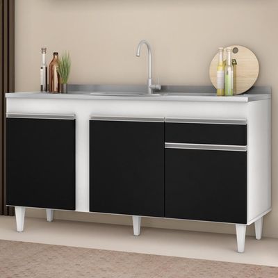 Balcão Gabinete Com Pia Inox 150cm 3 Portas 1 Gaveta Dakota Branco-preto - Lumil