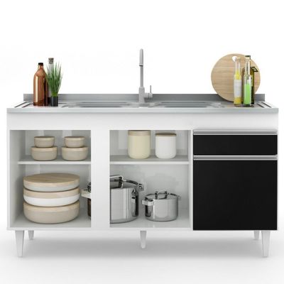 Balcão Gabinete Com Pia Inox 150cm 3 Portas 1 Gaveta Dakota Branco-preto - Lumil
