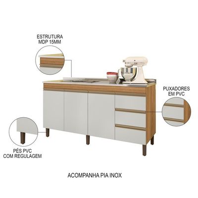 Balcão Gabinete Com Pia 160cm 3 Portas Karen P14 Nature-off White - Mpozenato
