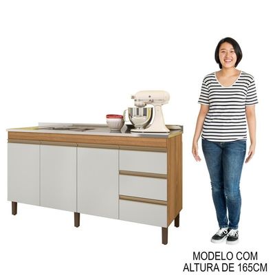Balcão Gabinete Com Pia 160cm 3 Portas Karen P14 Nature-off White - Mpozenato