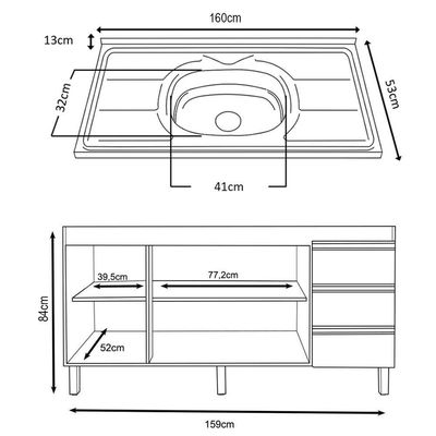 Balcão Gabinete Com Pia 160cm 3 Portas Karen P14 Nature-off White - Mpozenato