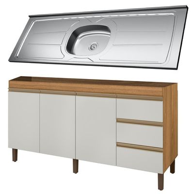 Balcão Gabinete Com Pia 160cm 3 Portas Karen P14 Nature-off White - Mpozenato