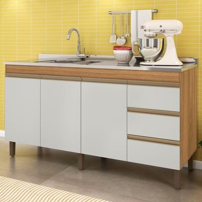 Balcão Gabinete Com Pia 160cm 3 Portas Karen P14 Nature-off White - Mpozenato