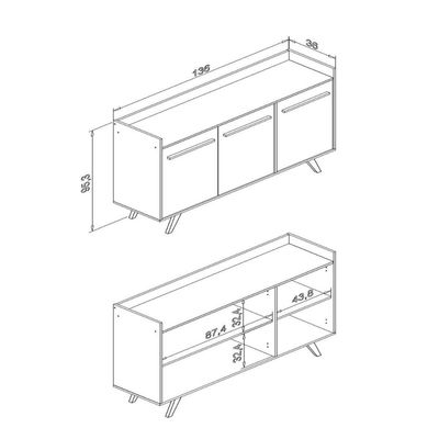 Aparador Buffet Retrô com 3 Portas Rústico Off White MDP 136x36x95cm RT 3134 Movelbento