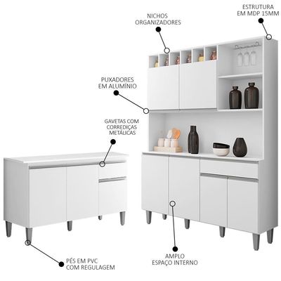 Cozinha Compacta Alice E Balcão Gabinete Com Tampo Tatiane 120cm Branco - Ajl Móveis
