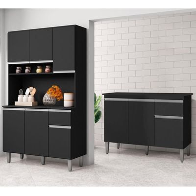 Cozinha Compacta Márcia E Balcão Gabinete Com Tampo Tatiane 120cm Preto - Ajl Móveis