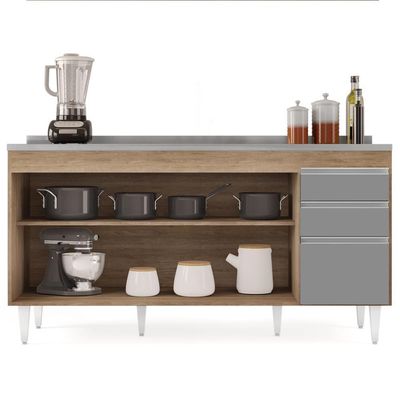 Balcão Gabinete Com Pia Inox 160cm Arkansas Castanho-cinza - Lumil