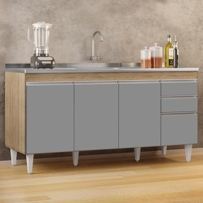 Balcão Gabinete Com Pia Inox 160cm Arkansas Castanho-cinza - Lumil