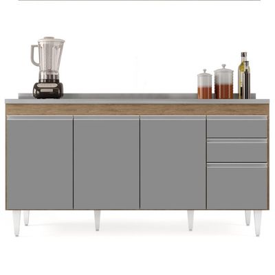 Balcão Gabinete Com Pia Inox 160cm Arkansas Castanho-cinza - Lumil