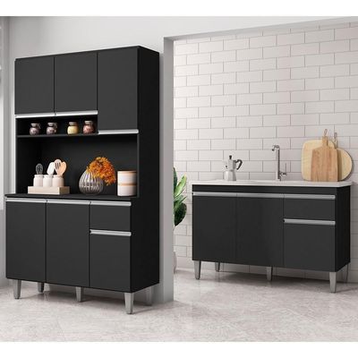 Cozinha Compacta Márcia E Balcão Gabinete Com Pia Tatiane 120cm Preto - Ajl Móveis