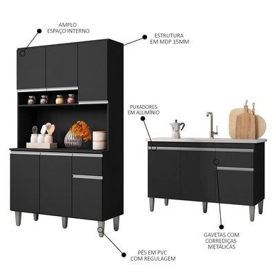 Cozinha Compacta Márcia E Balcão Gabinete Com Pia Tatiane 120cm Preto - Ajl Móveis