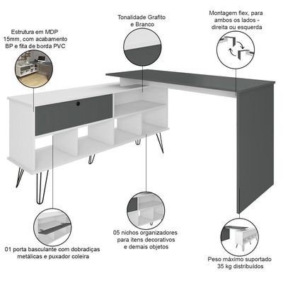 Mesa Para Escritório Escrivaninha Em L Home Office Kalil A02 Branco Grafito - Lyam Decor