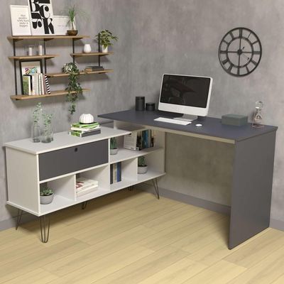Mesa Para Escritório Escrivaninha Em L Home Office Kalil A02 Branco Grafito - Lyam Decor