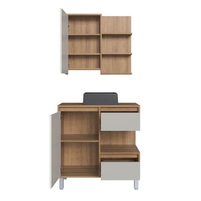 Gabinete 80cm Paula Mel Arenas Espelheira Porta Cuba Preta Em Mármore Sintético De Banheiro