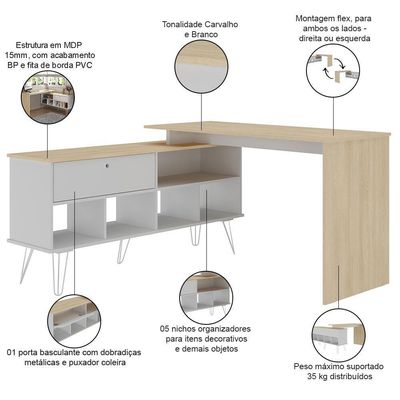 Mesa Para Escritório Escrivaninha Em L Home Office Kalil A02 Carvalho Branco - Lyam Decor