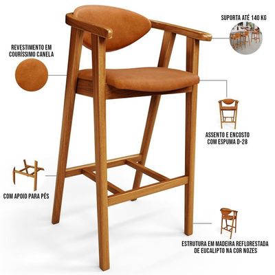 Kit 3 Banquetas Alta Para Cozinha Bancada Bar Sala De Jantar Fixa Cecília L02 Couríssimo Canela - Lyam Decor