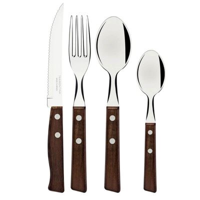 Faqueiro Tramontina Tradicional Aço Inox e Madeira Natural Garfo Faca Colher 24 Peças