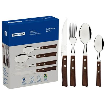 Faqueiro Tramontina Tradicional Aço Inox e Madeira Natural Garfo Faca Colher 24 Peças