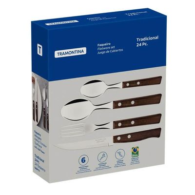 Faqueiro Tramontina Tradicional Aço Inox e Madeira Natural Garfo Faca Colher 24 Peças