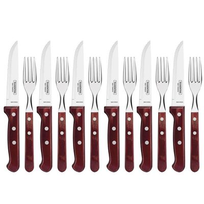 Jogo de Talheres Jumbo 12 Peças Tramontina Churrasco Lâminas Aço Inox Cabos de Madeira Polywood Vermelho