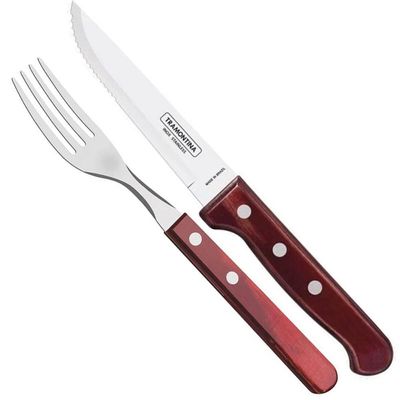 Jogo de Talheres Jumbo 12 Peças Tramontina Churrasco Lâminas Aço Inox Cabos de Madeira Polywood Vermelho