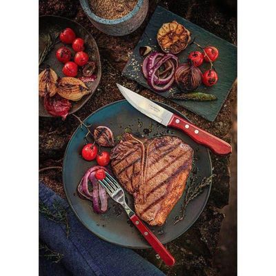 Jogo de Talheres Jumbo 12 Peças Tramontina Churrasco Lâminas Aço Inox Cabos de Madeira Polywood Vermelho