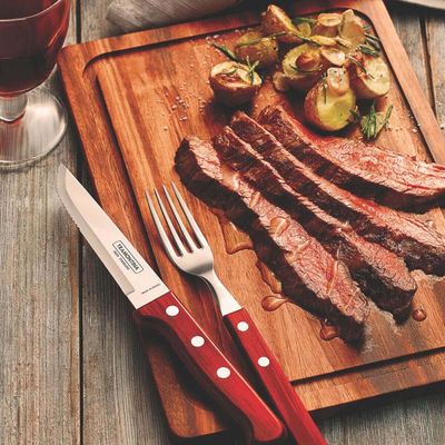 Jogo de Talheres Jumbo 12 Peças Tramontina Churrasco Lâminas Aço Inox Cabos de Madeira Polywood Vermelho