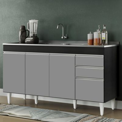 Balcão Gabinete Com Pia Inox 150cm Marrocos Preto-cinza - Lumil