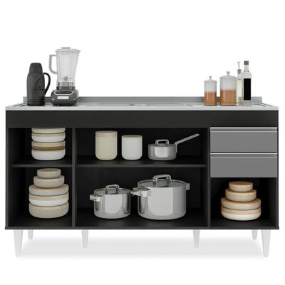 Balcão Gabinete Com Pia Inox 150cm Marrocos Preto-cinza - Lumil