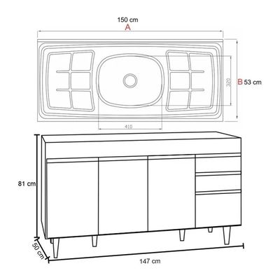 Balcão Gabinete Com Pia Inox 150cm Marrocos Preto-cinza - Lumil