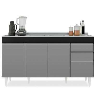 Balcão Gabinete Com Pia Inox 150cm Marrocos Preto-cinza - Lumil