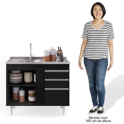 Balcão Gabinete Com Pia Inox 100cm 2 Portas 2 Gavetas Luziania Preto - Lumil