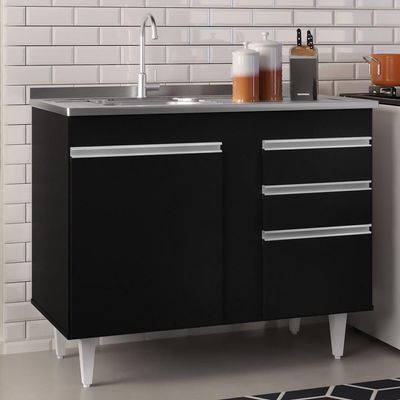 Balcão Gabinete Com Pia Inox 100cm 2 Portas 2 Gavetas Luziania Preto - Lumil