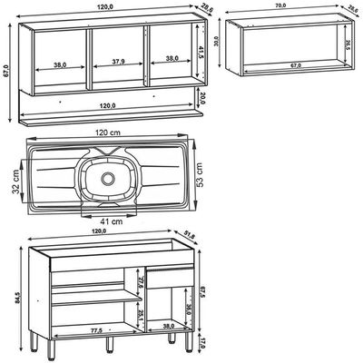 Armário De Cozinha 4 Peças Balcão Com Pia 120cm Lina08 K02 Gris-freijó - Mpozenato