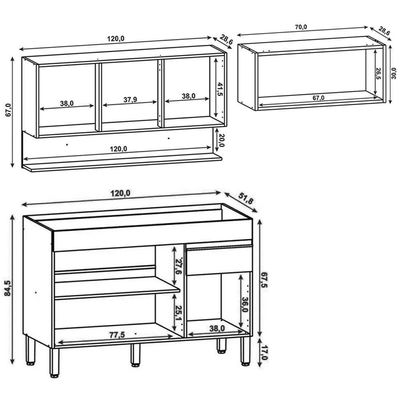 Armário De Cozinha 3 Peças Balcão Sem Tampo 120cm Lina02 K02 Gris-freijó - Mpozenato