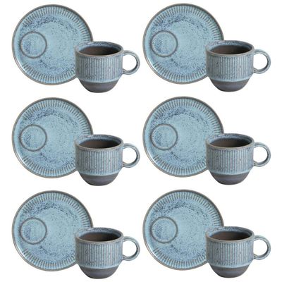 Conjunto 6 Xícaras de Chá 230ml Empilhável com Pires Linhas Breeze Azul Mesa Posta Café da Manhã