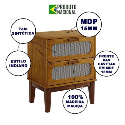 Kit 2 Mesas De Cabeceira 2 Gavetas Santorini Nature 45 Cm Com Tela Indiana - Bege