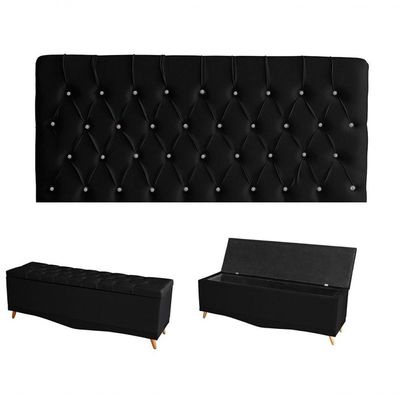 Kit Estrela Cabeceira De Cama Painel E Calçadeira Baú Botão Cristal Queen 160 Cm Suede Preto Do Lar Móveis E Decoração