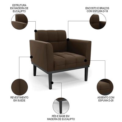 Poltrona Decorativa Base Madeira Preto Ana Suede Marrom - Ibiza