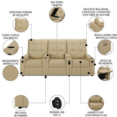 Poltrona De Cinema Reclinável 3 Lugares Baú Usb Mallie Fh9 Veludo Bege - Mpozenato