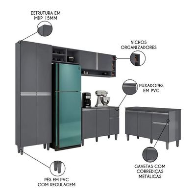 Cozinha Compacta Vanessa E Balcão Gabinete Com Tampo Tatiane 120cm Cinza - Ajl Móveis