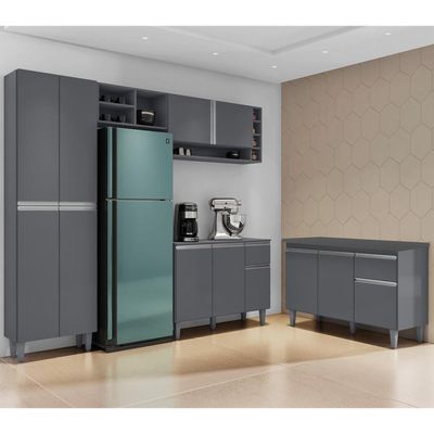 Cozinha Compacta Vanessa E Balcão Gabinete Com Tampo Tatiane 120cm Cinza - Ajl Móveis