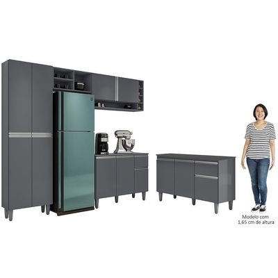 Cozinha Compacta Vanessa E Balcão Gabinete Com Tampo Tatiane 120cm Cinza - Ajl Móveis
