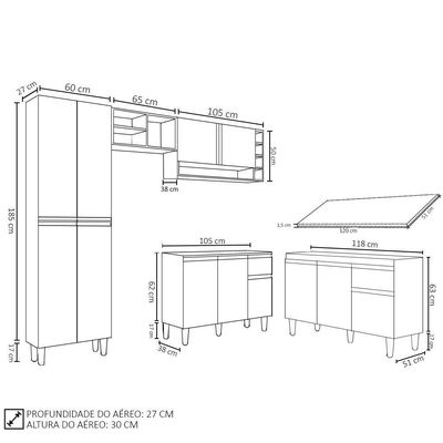 Cozinha Compacta Vanessa E Balcão Gabinete Com Tampo Tatiane 120cm Cinza - Ajl Móveis