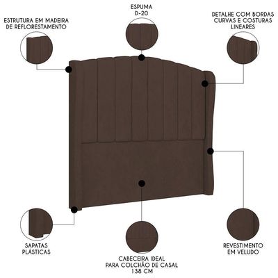 Cabeceira Casal Cama 140cm Glenda I02 Veludo Marrom - Mpozenato