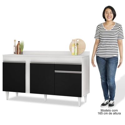 Balcão Gabinete Para Pia Com Tampo 150cm 3 Portas 1 Gaveta Dakota Branco-preto - Lumil
