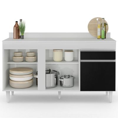 Balcão Gabinete Para Pia Com Tampo 150cm 3 Portas 1 Gaveta Dakota Branco-preto - Lumil